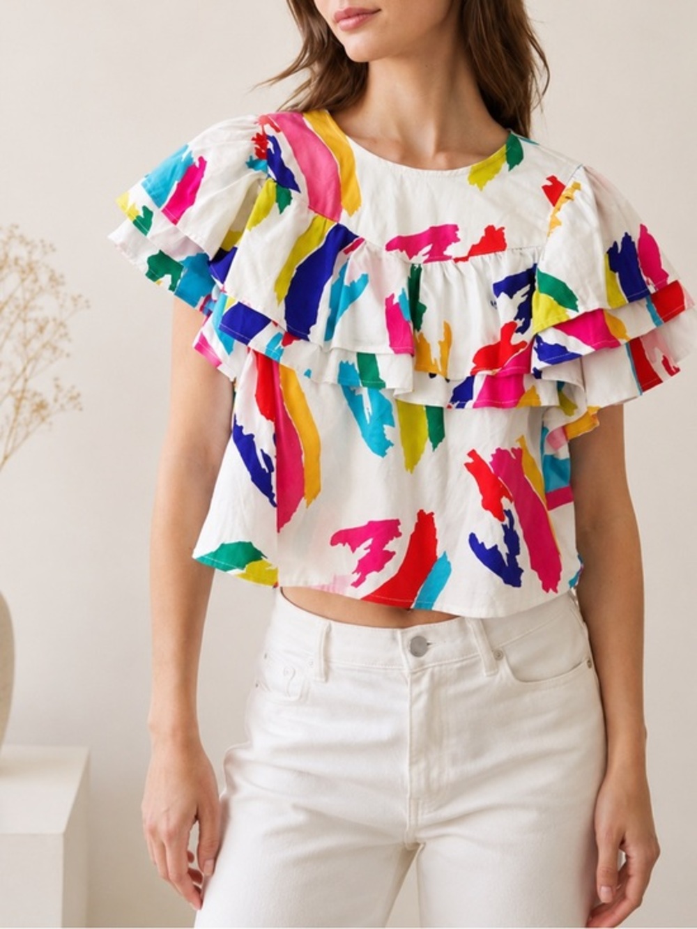 Crosby by Mollie Burch Marian Multicolor Abstract Ruffle Printed Top